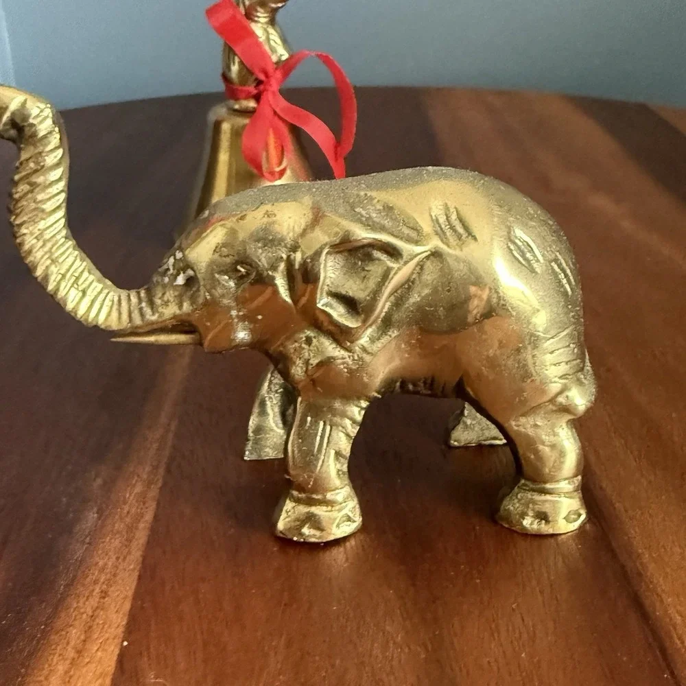 Lot of 2 Vintage Brass Elephants Figurine Bell Lucky Trunk Up Trinkets Mini